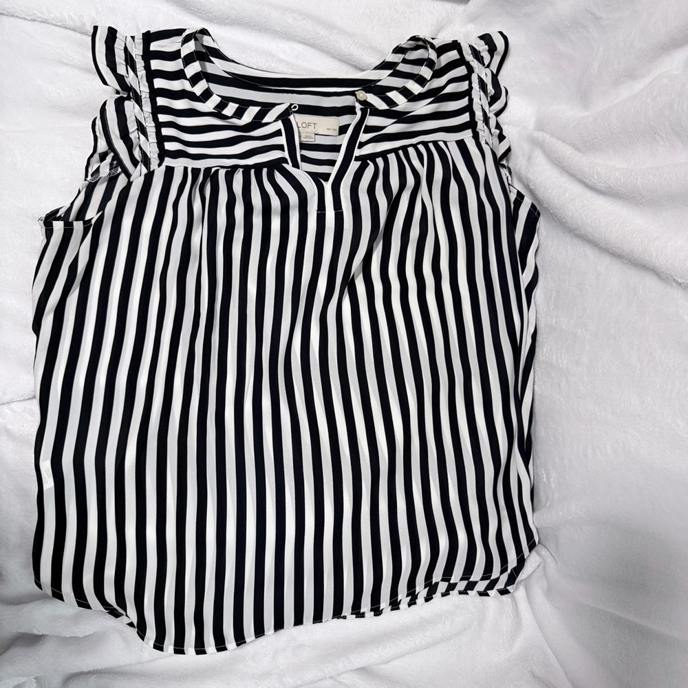 LOFT Black & White Stripe Ruffle Sleeve Top